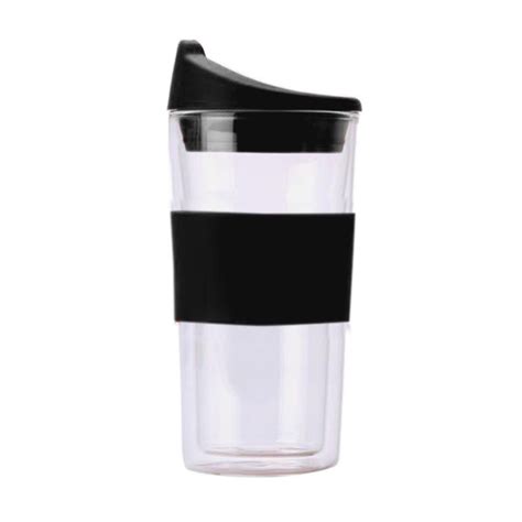 Black 300ml Grip And Go Thermal Double Wall Glass Travel Mug Double Wall Glass Glass Mugs