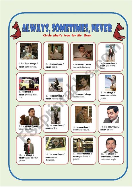 Always, Sometimes, Never with Mr. Bean - ESL worksheet by EstherLee76