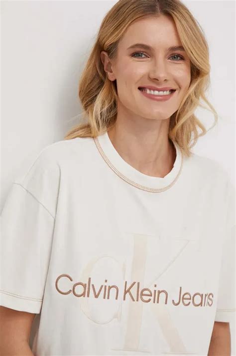 Calvin Klein Jeans T Shirt Bawełniany Damski Kolor Beżowy