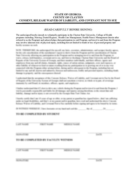 SOLUTION Consent Release Waiver Of Liability Covenant Form Jr