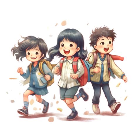 Primary School Students Go To School Cartoon Illustration Cartoon