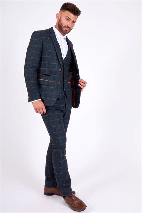 Eton Navy Blue Tweed Check Three Piece Suit Three Piece Suit Blue