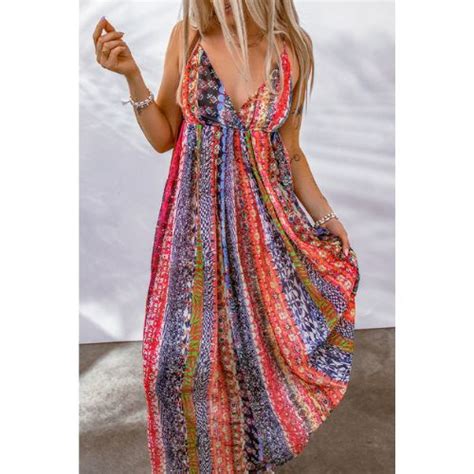 Multi Color V Neck Backless Boho Dress Sarita Inc