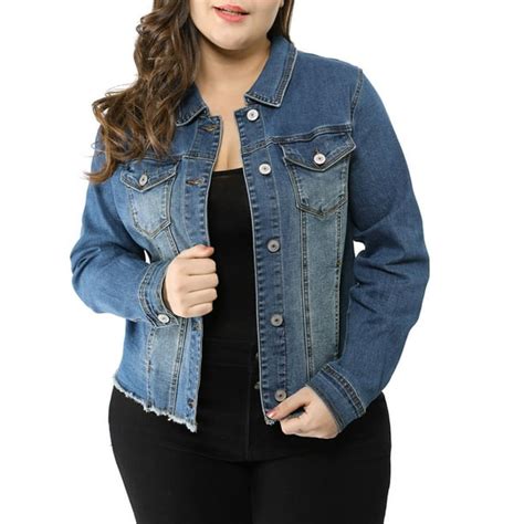 Unique Bargains Women S Plus Size Washed Front Frayed Classic Denim Jacket