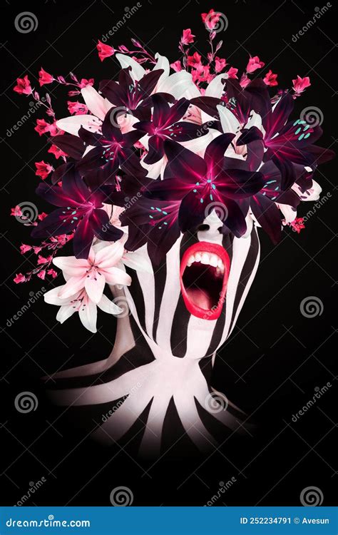 Collage D Art Abstrait D Une Jeune Femme Avec Des Fleurs Image Stock