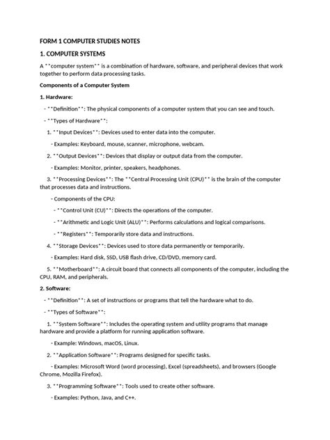 form  computer studies notes  computer hardware operating system
