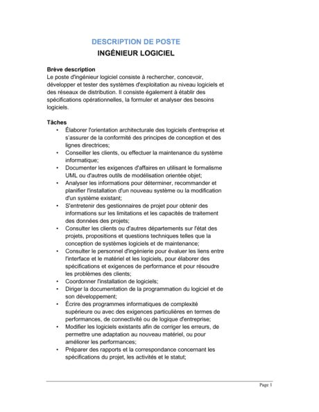 Ingénieur logiciel Description de poste Modèles Exemples PDF