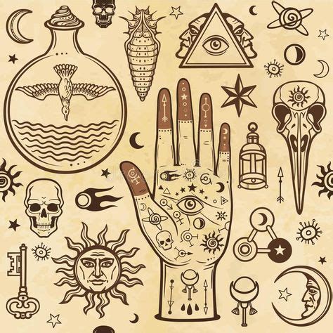 Seamless Color Pattern: Human Hands in Tattoos, Alchemical Symbols ...