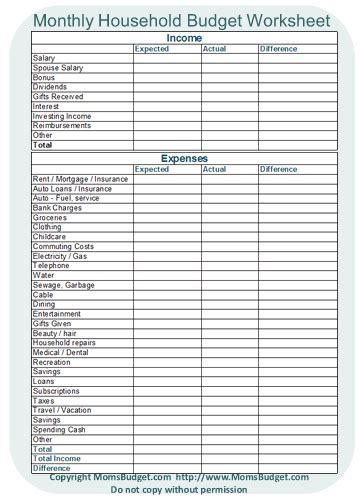 Monthly Household Budget Worksheet - Moms Budget