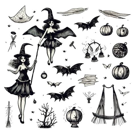 ほうきで飛ぶ魔女と手描きの魔法のハロウィーン属性のセットイラスト素材透過、pngフリー画像ダウンロード Pngtree