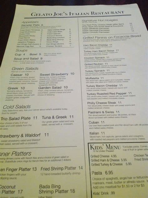 Menu At Gelato Joe S Italian Restaurant Bar Foley