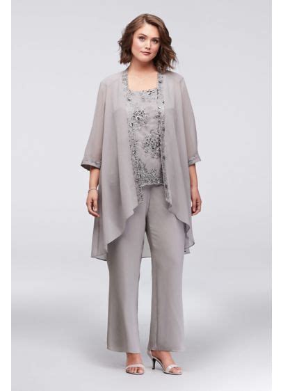 Chiffon Plus Size Pantsuit With Lace Edged Jacket David S Bridal