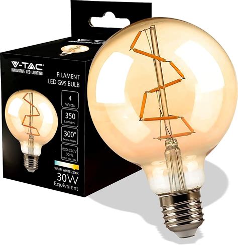 V TAC Ampoule LED Filament G95 culot E27 4W équivalent 30W 350