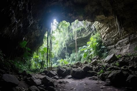 Premium AI Image | A large cave entrance in a tropical jungle