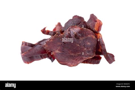 Beef Jerky Isolated On White Background Pieces Of Dry Meat Close Up