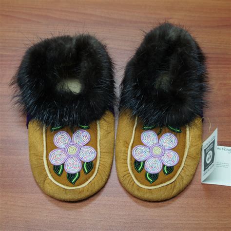 Moosehide Moccasins With Pink And Yellow Flower Beaded Design Arctic Canada Trading