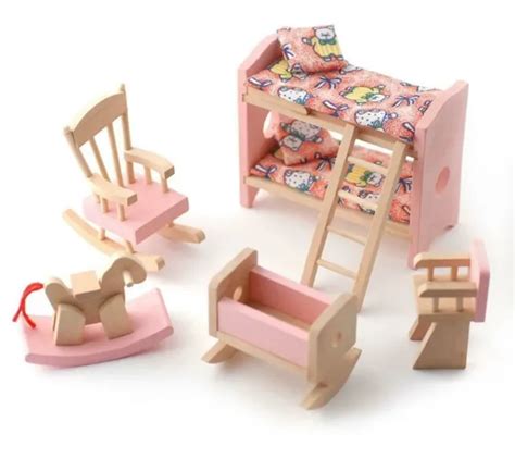 MAISON DE POUPÉES Rose en Bois Maternelle Chambre Ensemble Miniature 3