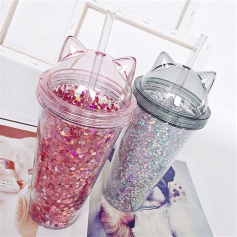 Aesthetic Cat Ear Sipper😍 | Water bottle with straw, Glitter water ...