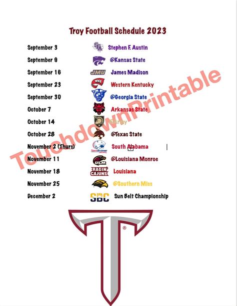 Troy 2023 Football Printable Schedule Printable Schedule - Etsy