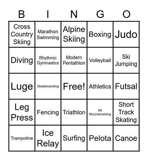 36 Olympic Sports Bingo Card