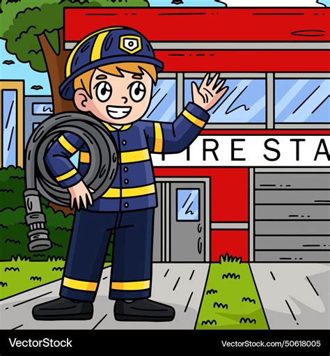 Firefighter carrying fire hose colored cartoon Vector Image