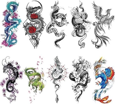 Amazon.com : Briyhose 10 Sheet Realistic Floral Dragon Tattoo Temporary ...