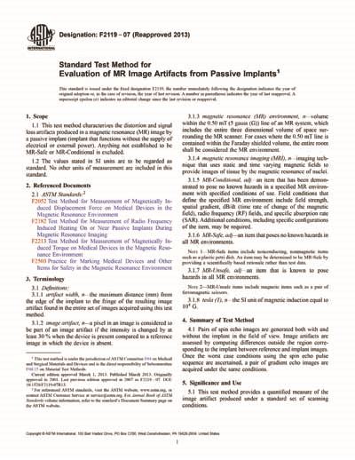 Astm F2119 072013 Standard Test Method For Evaluation Of Mr Image Artifacts From Passive