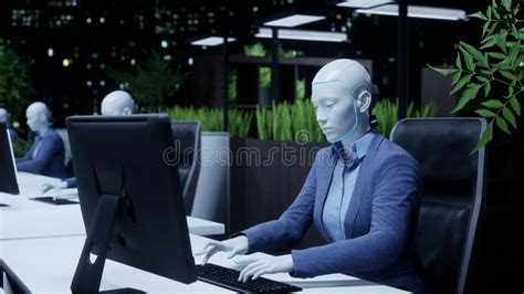 3d Animation Of Humanoid Robots Working In Modern Office Future