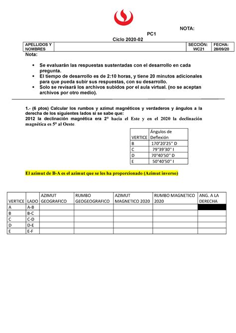 Primera Pr Ctica Calificada Topograf A Nota Pc Ciclo