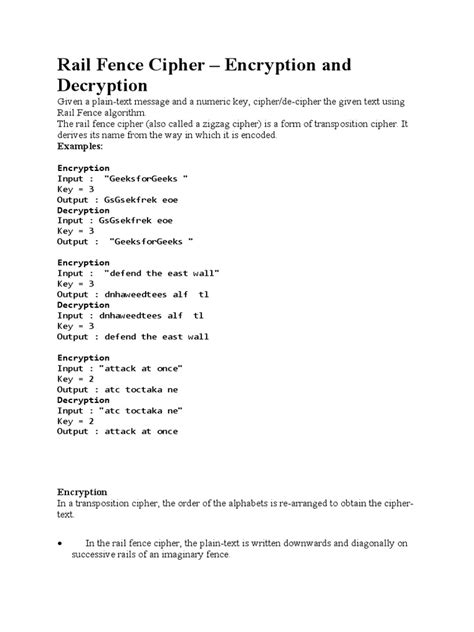 Rail Fence Cipher - Encryption and Decryption: Examples | PDF