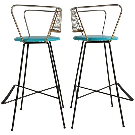 Pair Mid Century Modern Wire And Brass Bar Stools At Stdibs