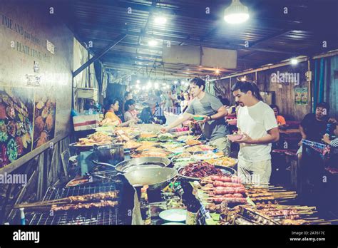 Food Bazaar Traditional Buffet At Local Street Food At Night Market At Luang Prabang Laos