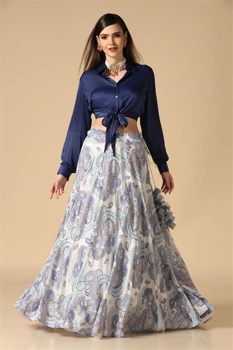 Buy Blue Silk Crepe Printed Floral Shirt Collar Zari Embellished