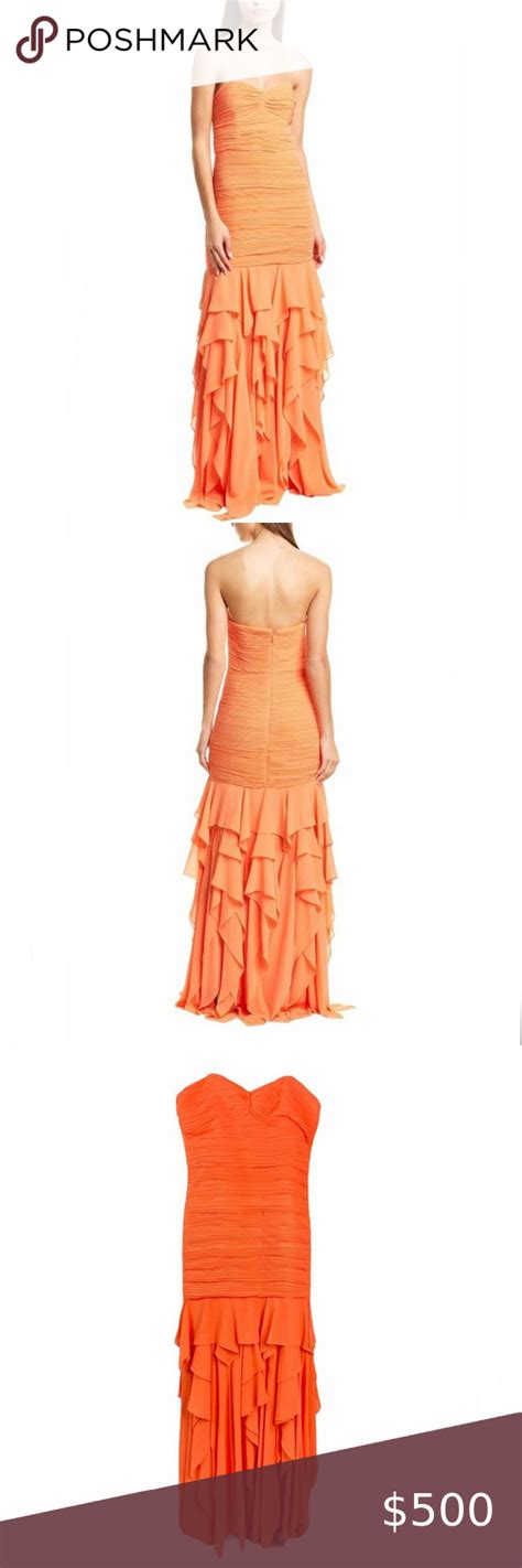 Halston Heritage Off Shoulder Ruched Ruffled Mermaid Gown Neon Orange