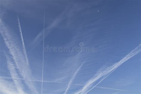 Condensation Trails Of Airliners In The Sky Stock Image Image Of