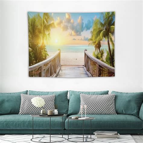 Onetech Tropical Balcony Sea Beach View Tapestry Seaside Wood Bridge