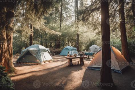 camping tents and camp furniture set up in a forest with blue sky with ...