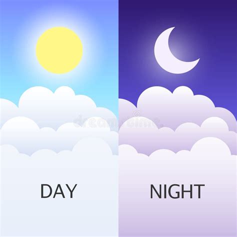 Day and Night Illustrations with Funny Smiling Cartoon Characters of Sun and Moon Stock Vector ...