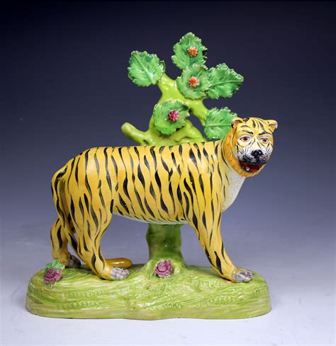 Antique Staffordshire Pottery Figure Of A Tiger With Bocage From The