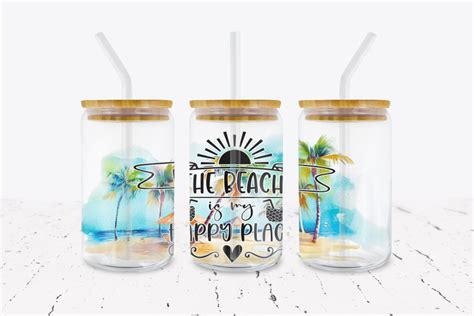 The Beach Is My Happy Place 16 Oz Libbey Glass Can Wrap Sticky