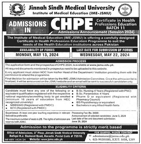 Admission Open In Jinnah Sindh Medical University 2024