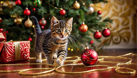 Playful Cute Kitten with Christmas Ornaments by the Tree Stock Image ...