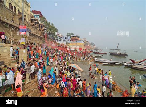 The Holy River Ghats Of Varanasi Full With Their Colorful Religious