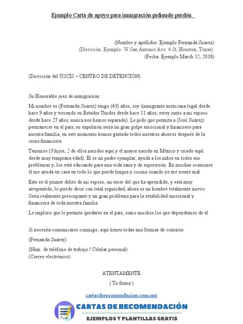 Ejemplo Carta De Apoyo Para Inmigración Pidiendo Perdón Dirección