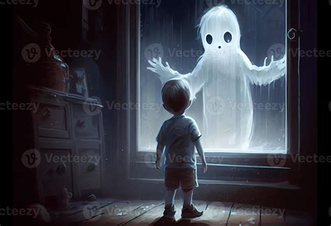 The child scaring to see the ghost, digital art style, illustration
