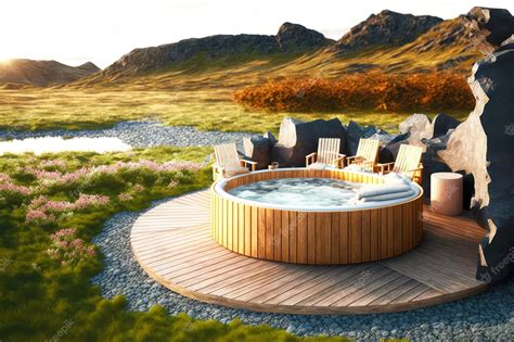 Premium Photo | Large outdoor hot tub with wooden edging and chairs