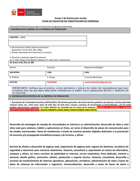 02 Ficha Constitucion De Empresa Anexo 1 De Declaración Jurada Ficha