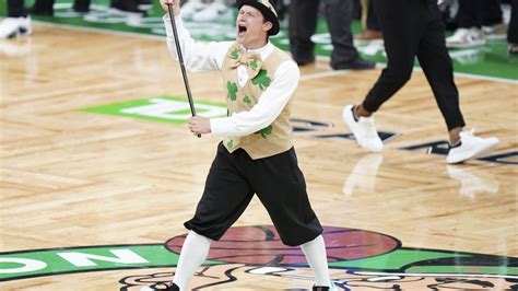 The Boston Celtics mascot performs during game one of the eastern ...