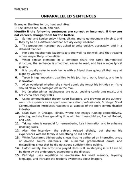 Practice Basic Writing: Unparalleled Sentences - W-Tk/ UNPARALLELED SENTENCES Example: She likes ...