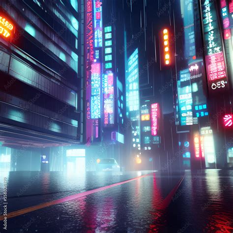 Rainy Foggy Cyberpunk City Neo Tokyo Cinematic Lighting Reflections